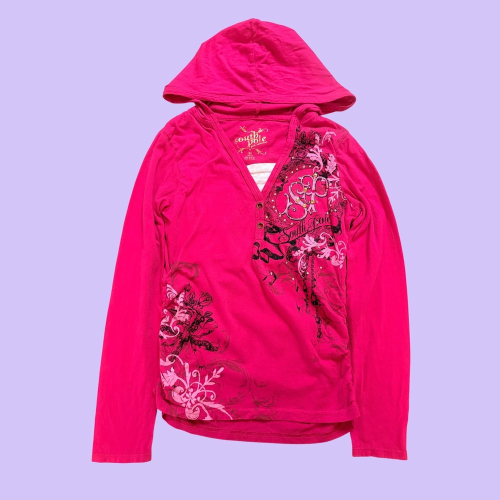 Y2K Southpole Pink Graphic Hoodie Long Sleeve Shirt Rhinestone Scene #17
